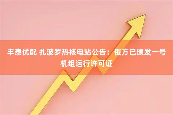 丰泰优配 扎波罗热核电站公告：俄方已颁发一号机组运行许可证